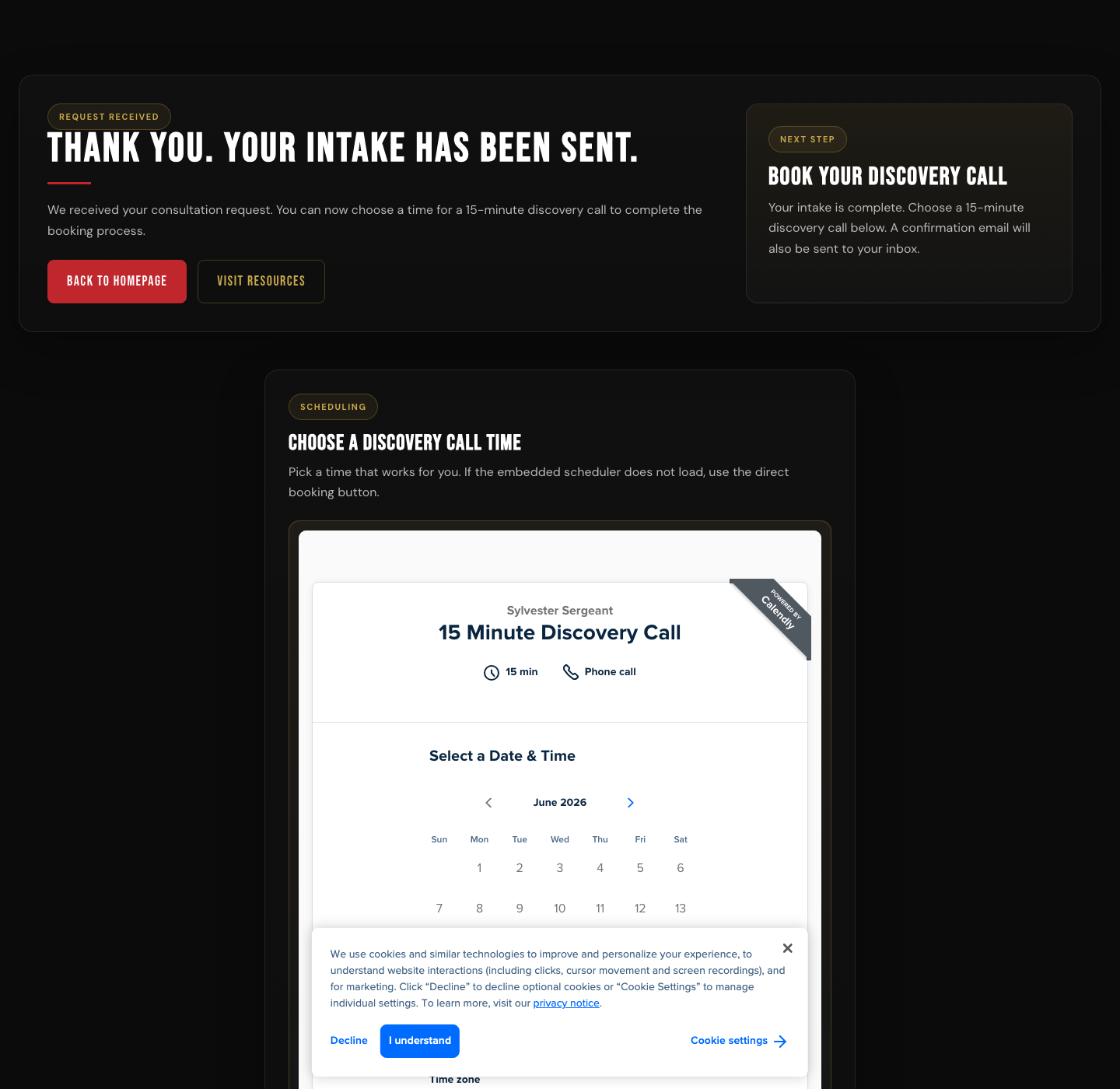 Thank-you page with embedded Calendly scheduler